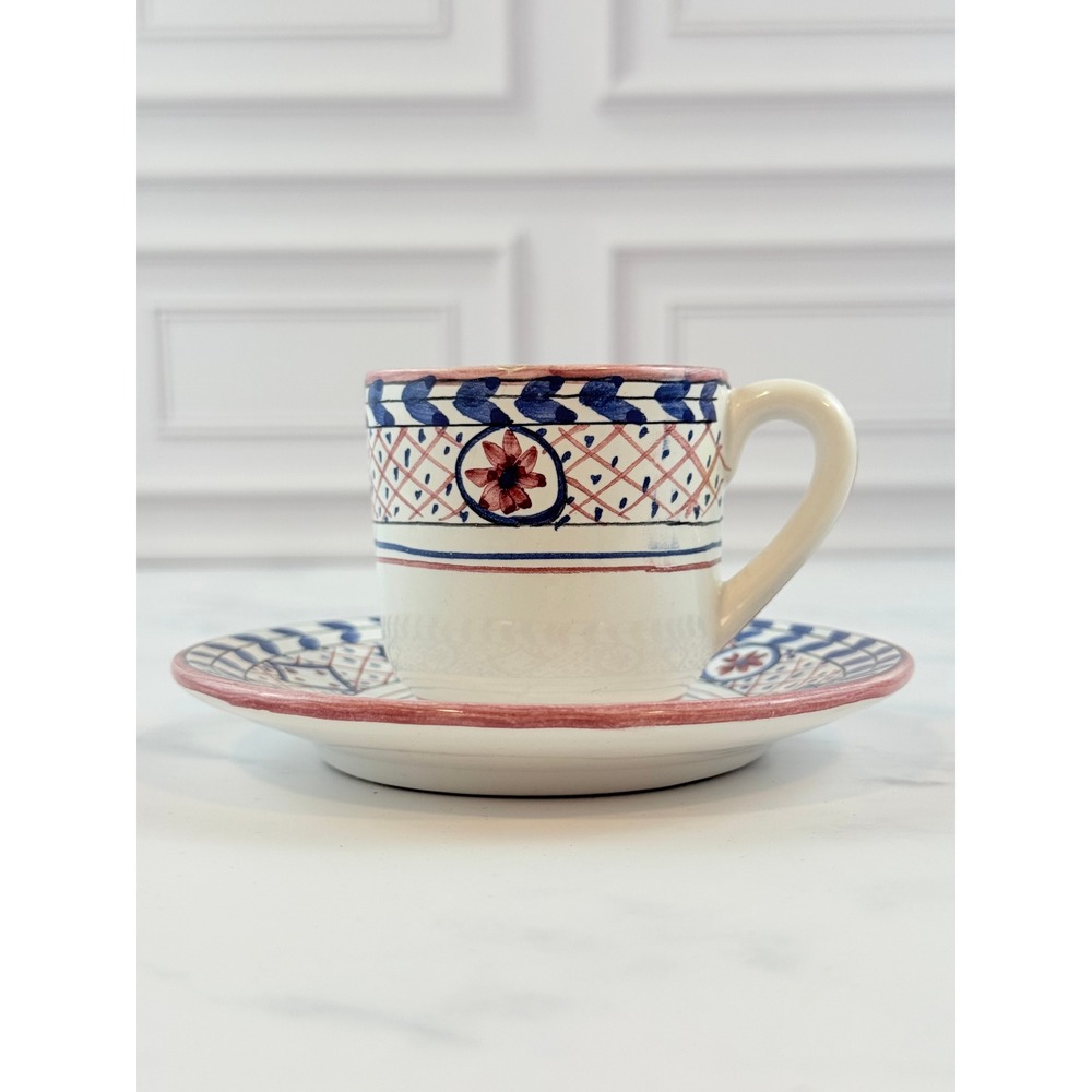 VTG 1983 Casafina Portugal Hand Painted Demitasse Cup and Saucer Blue Pink